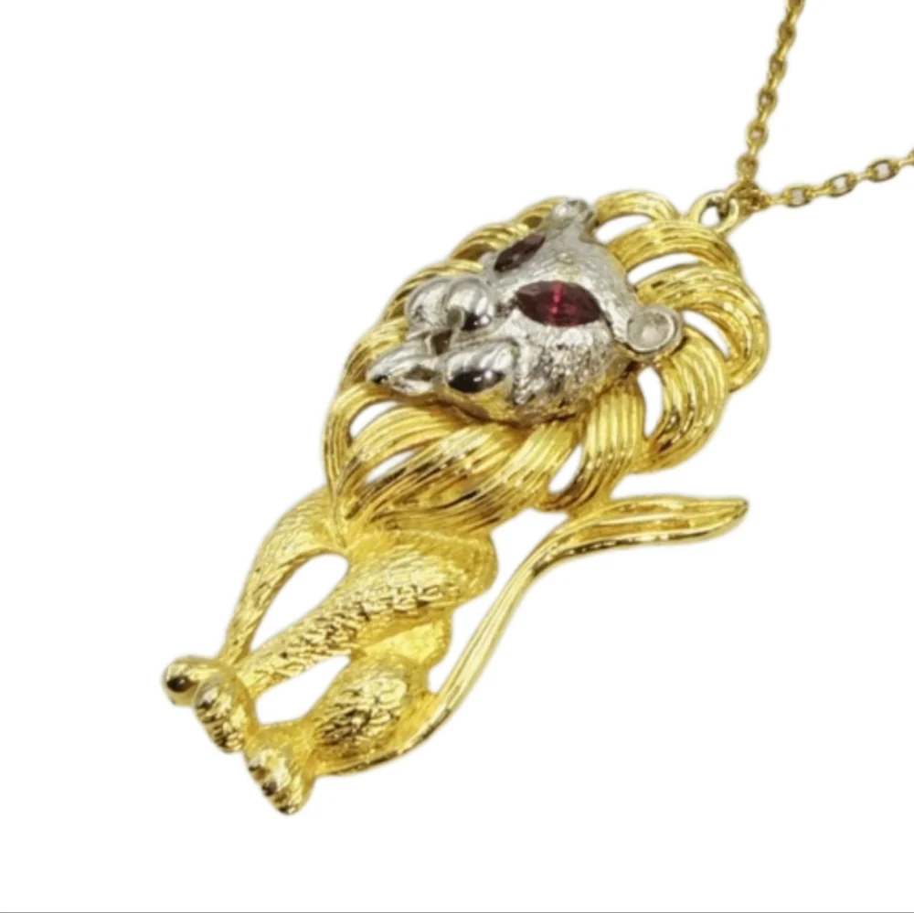 Gold & Silver Tone Lion Pendant Necklace w/ Red Eyes 28